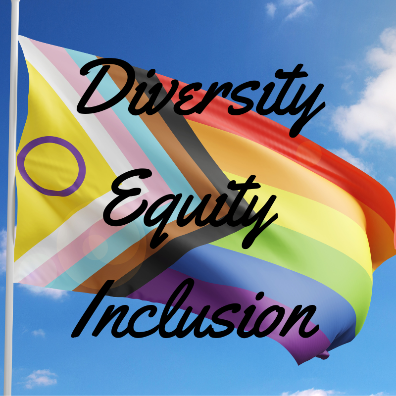 Diversity Equity Inclusion text over Image of Pride Progress flag