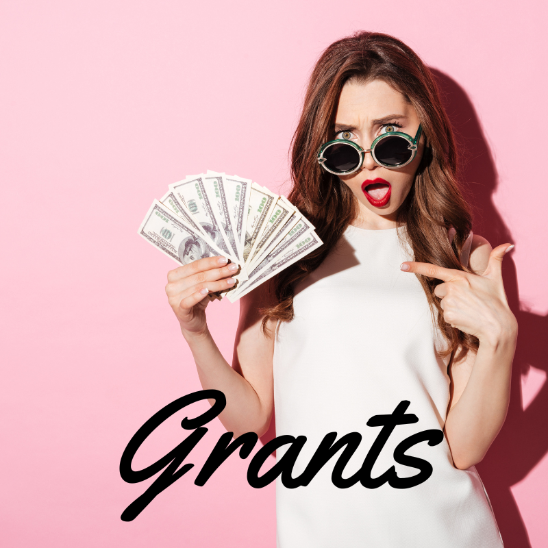 image of woman holding money with the word Grants overlaying
