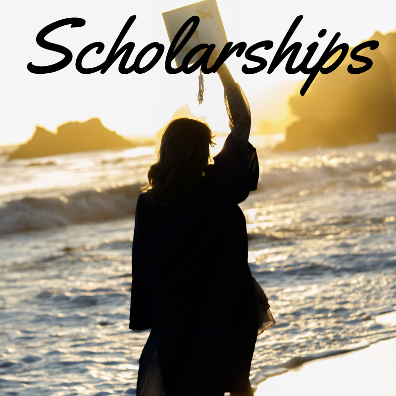 image of graduate at the beach with the word Scholarships overlaying